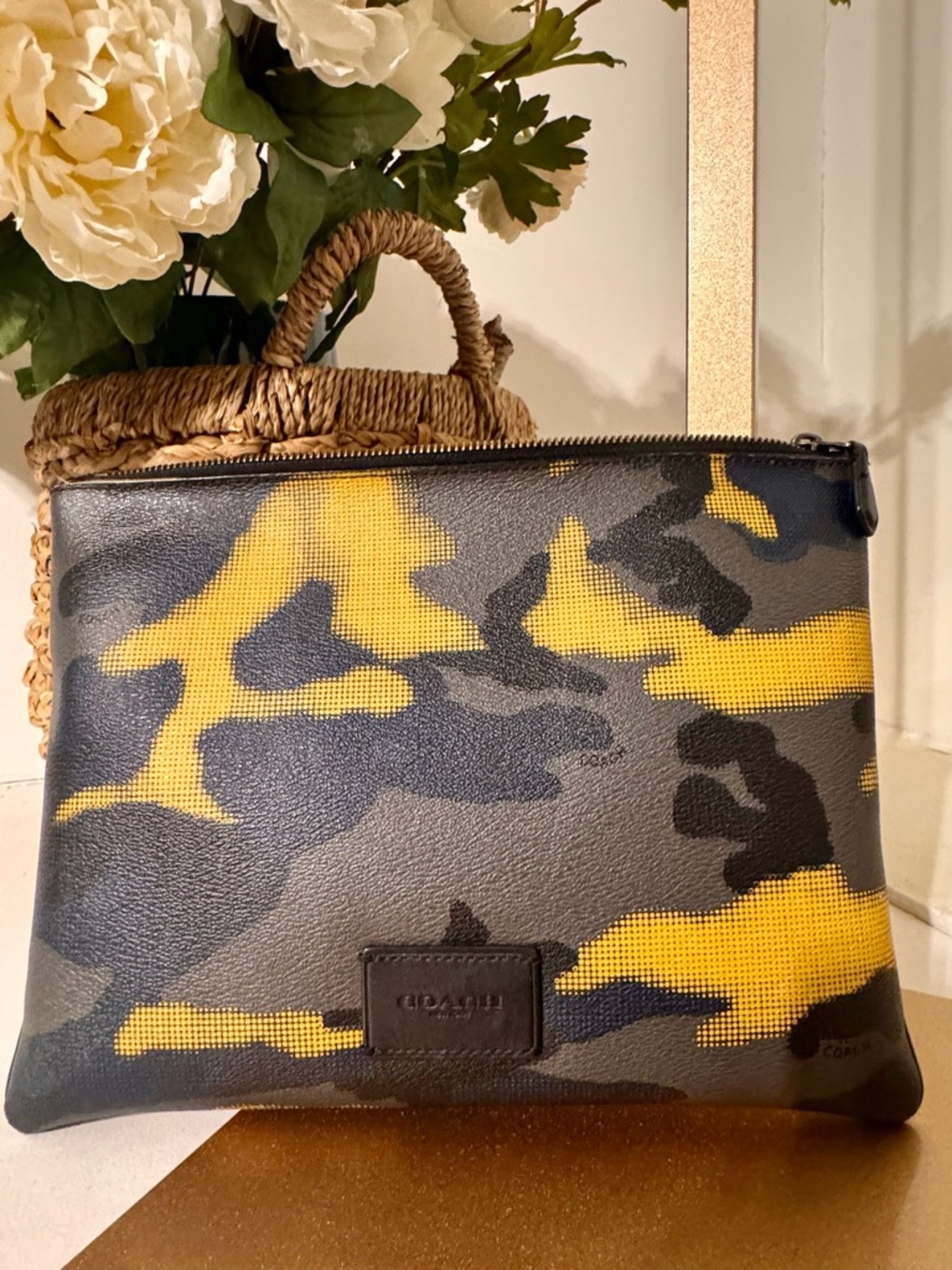 Coach Yellow and Gray Camo Leather Pouch